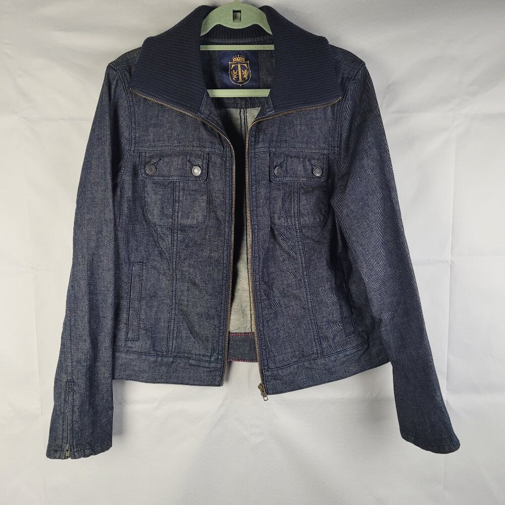 Talbots Heritage Vintage Denim Button-Up Ribbed Bomber Collar Women Jacket Sz 14